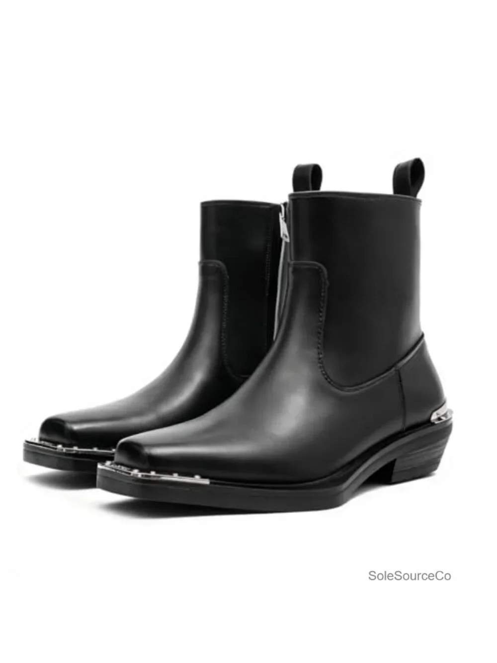 Men's Leather Chelsea Ankle Boots Chunky Heel Side Zip Square Toe Dress Boots